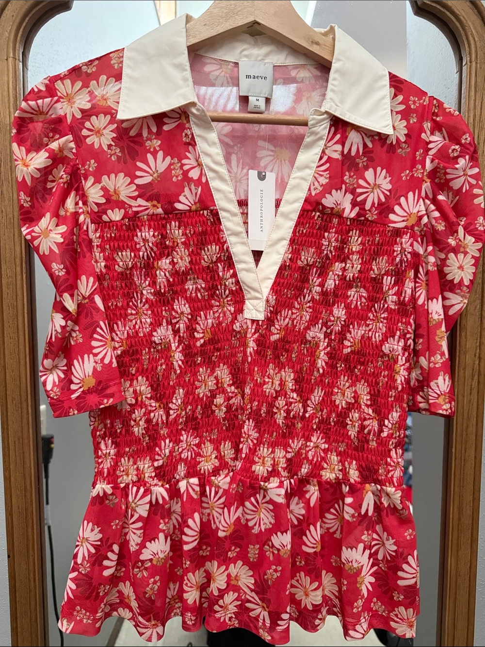 Maeve Red Floral Smocked Peplum Top with Cream Collar, NWT
